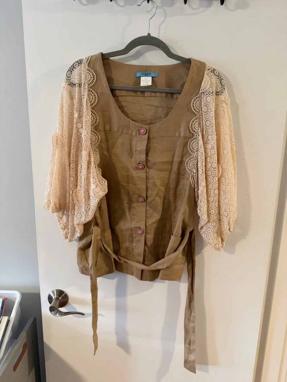 Tsunoda Paris Taupe Ramie Blouse | Cream Lace Balloon Sleeves | Size Large - Picture 2 of 4